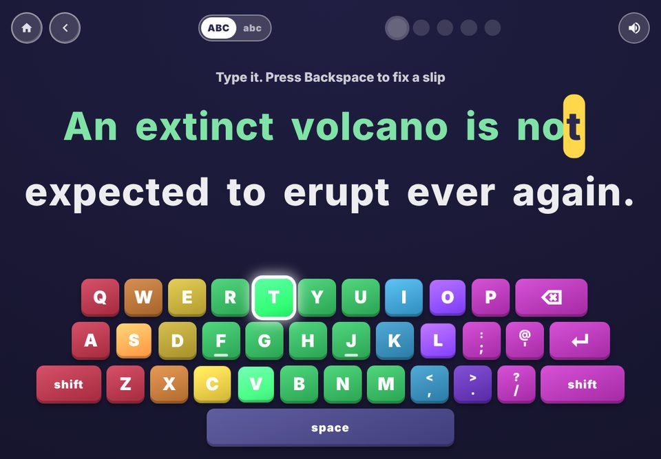 A typing line with an on-screen keyboard lighting up the next key